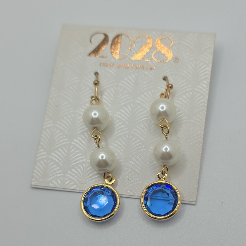 2028 Gold Tone Dangle/Drop Earrings White Faux Pearl Blue Glass Bezel Hook 74610